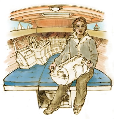 Illustration of person stowing luggage in a boat's cabin.