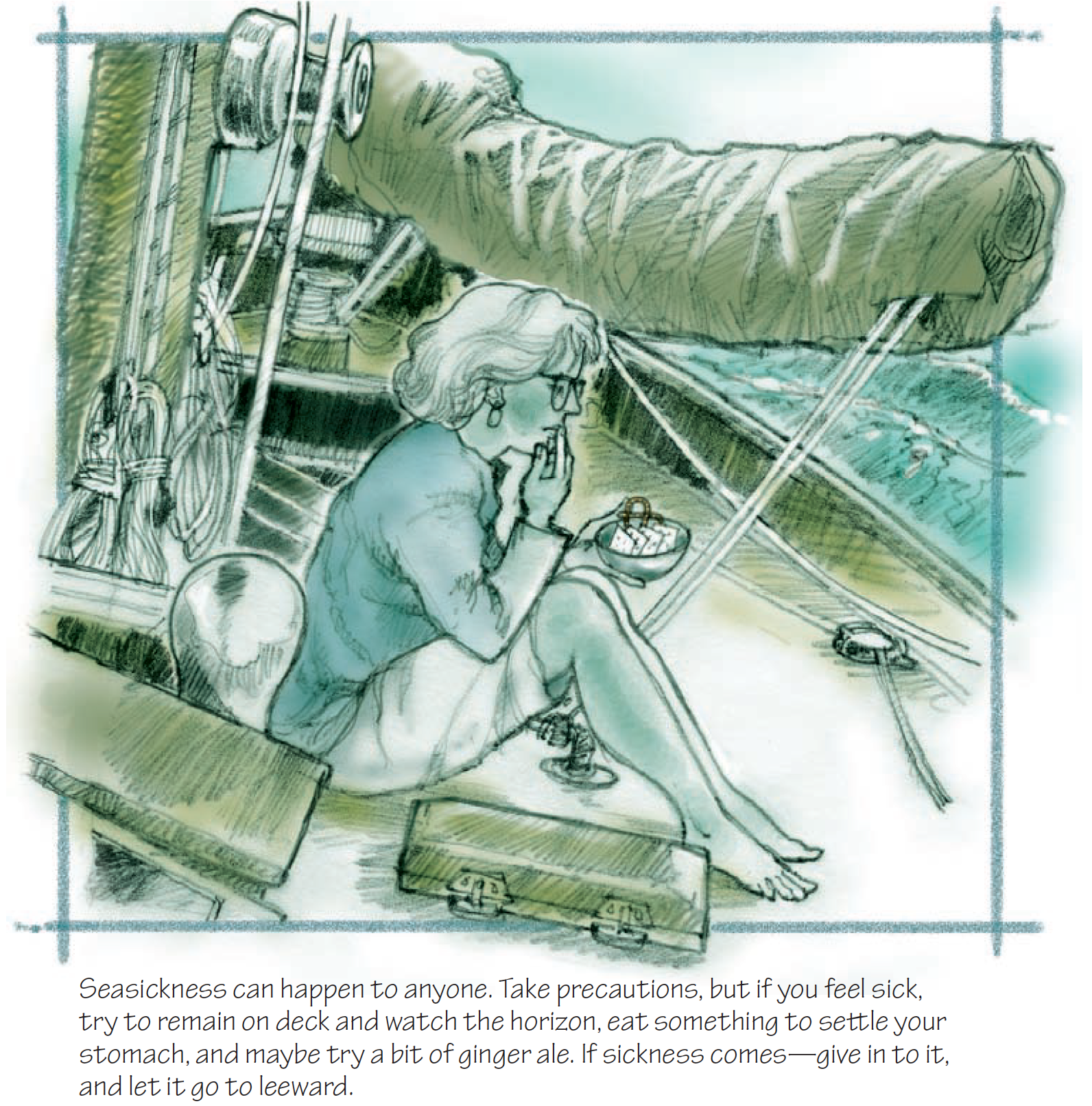 Drawing with text of a seasick woman sitting on a boat's deck eating a bowl of crackers.