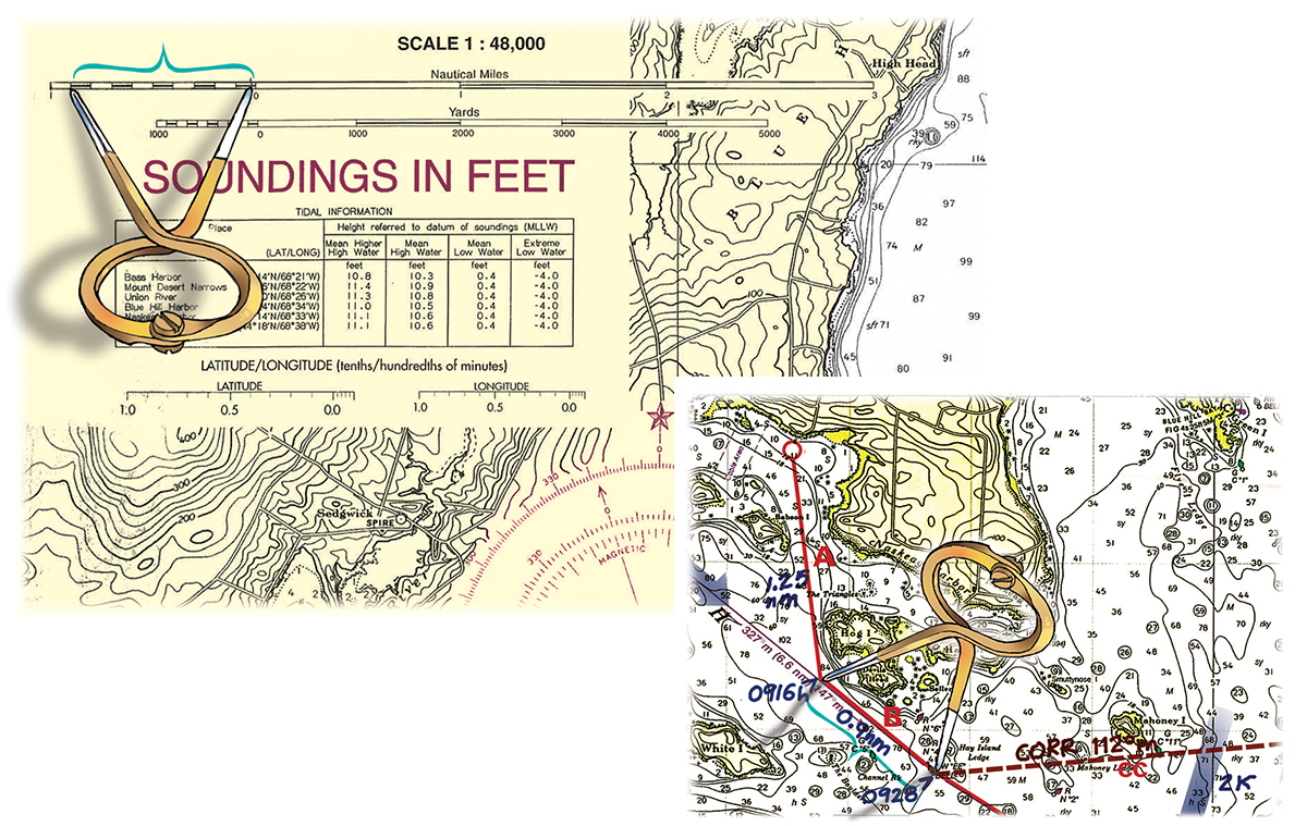 Color illustrations from a boat navigational chart.
