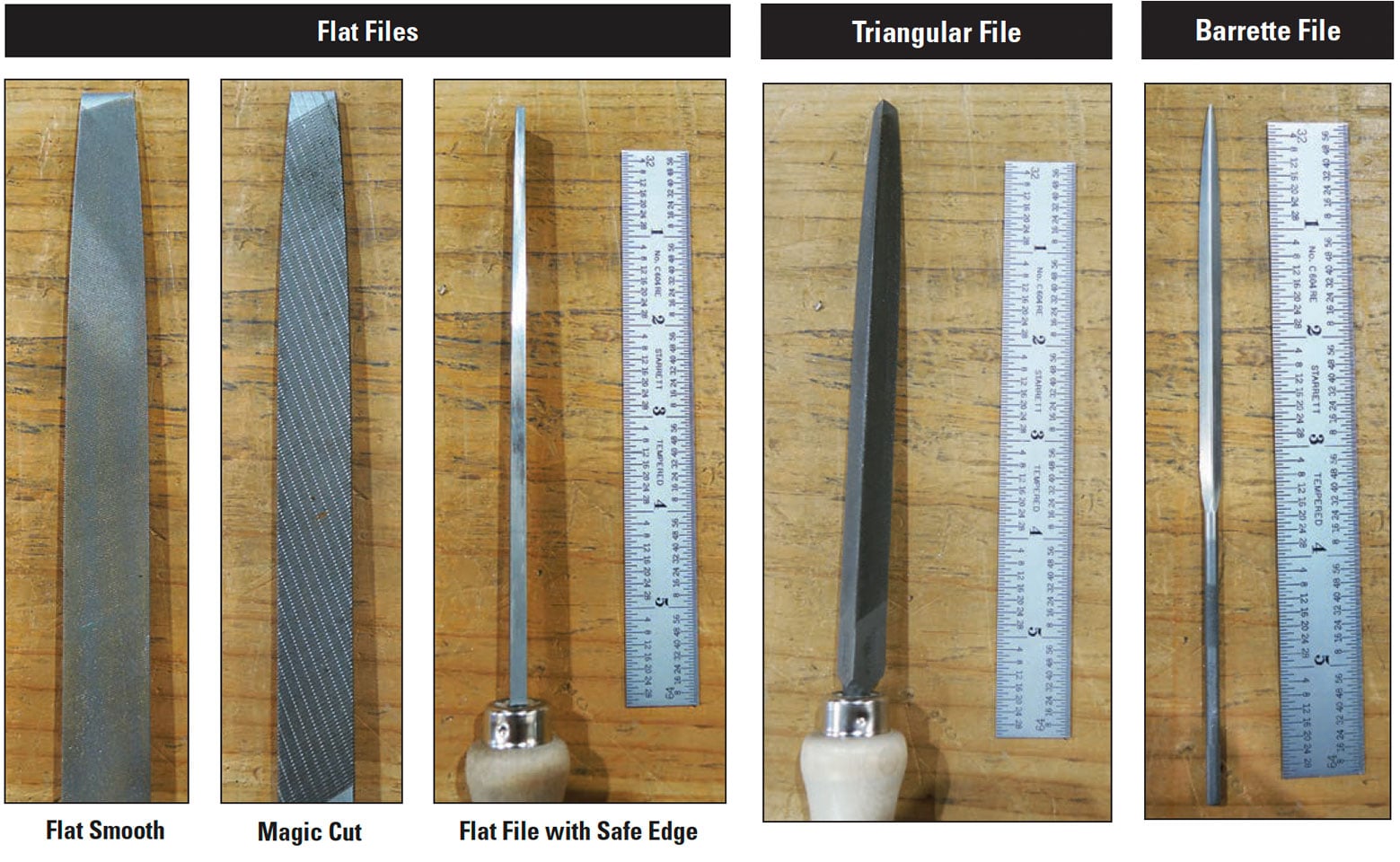 Three flat metal files, including flat smooth, magic cut and flat file with a safe edge, as well as a triangular and barrette metal file.