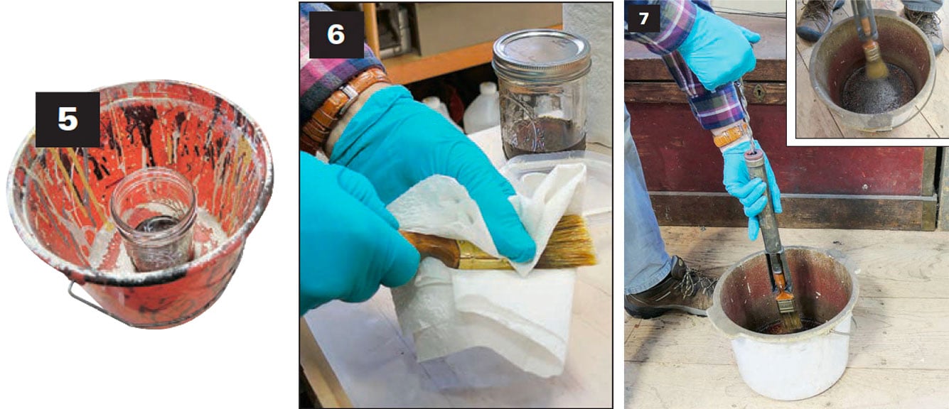 Three steps in the varnish brush care process.