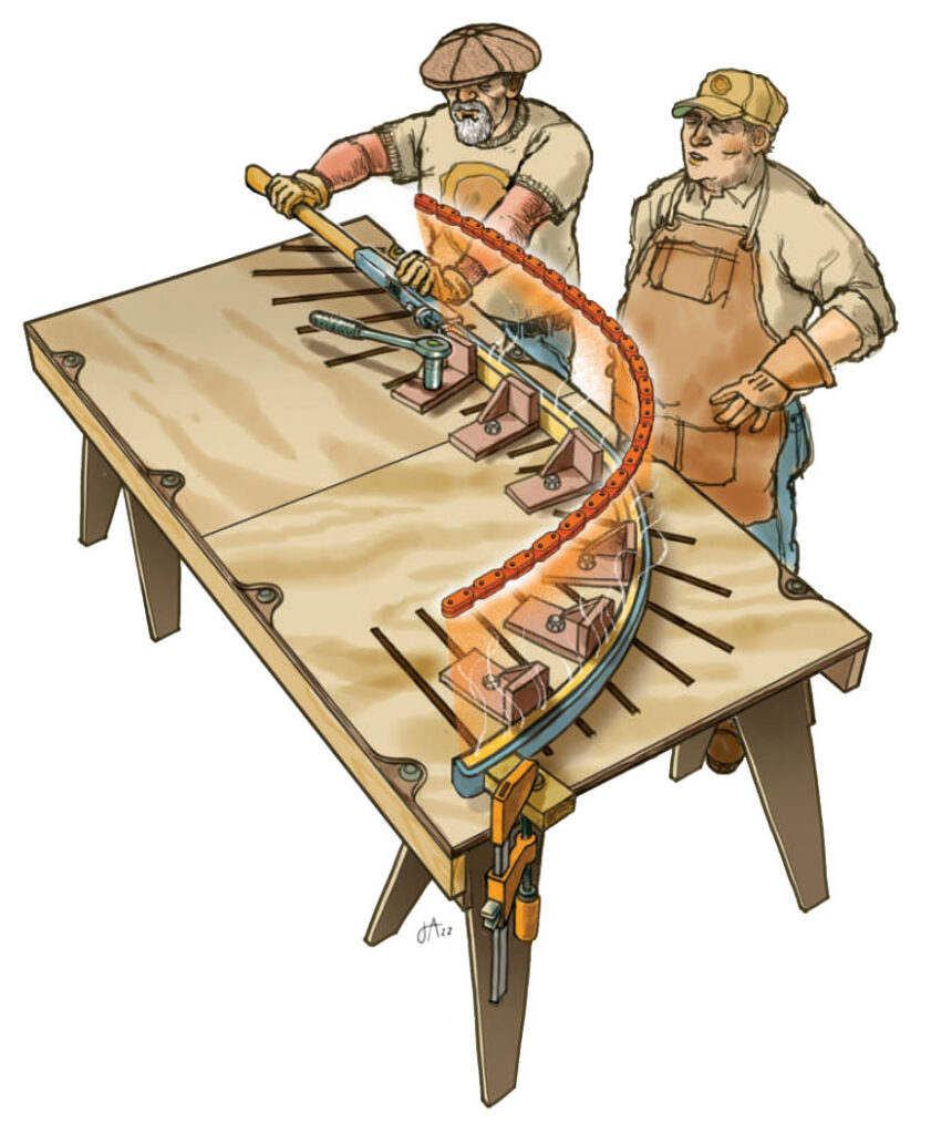 Illustration of two woodshop workers at a work bench.