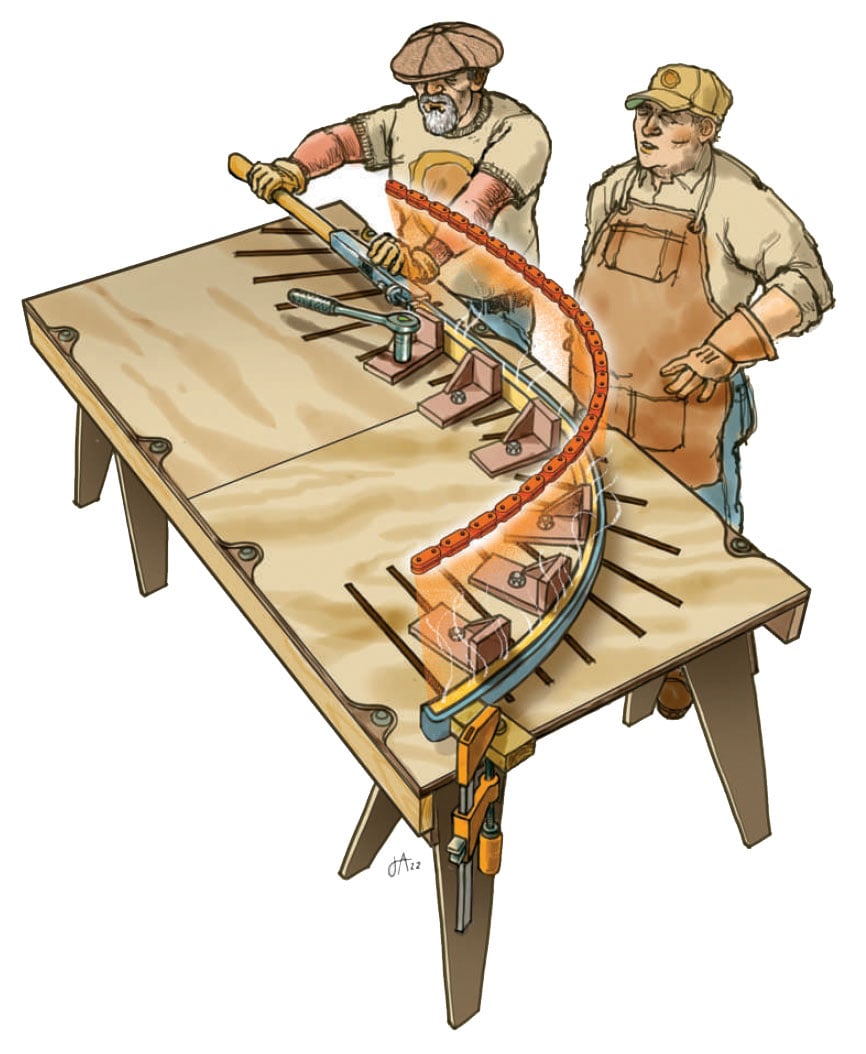 Illustration of two woodshop workers at a work bench.