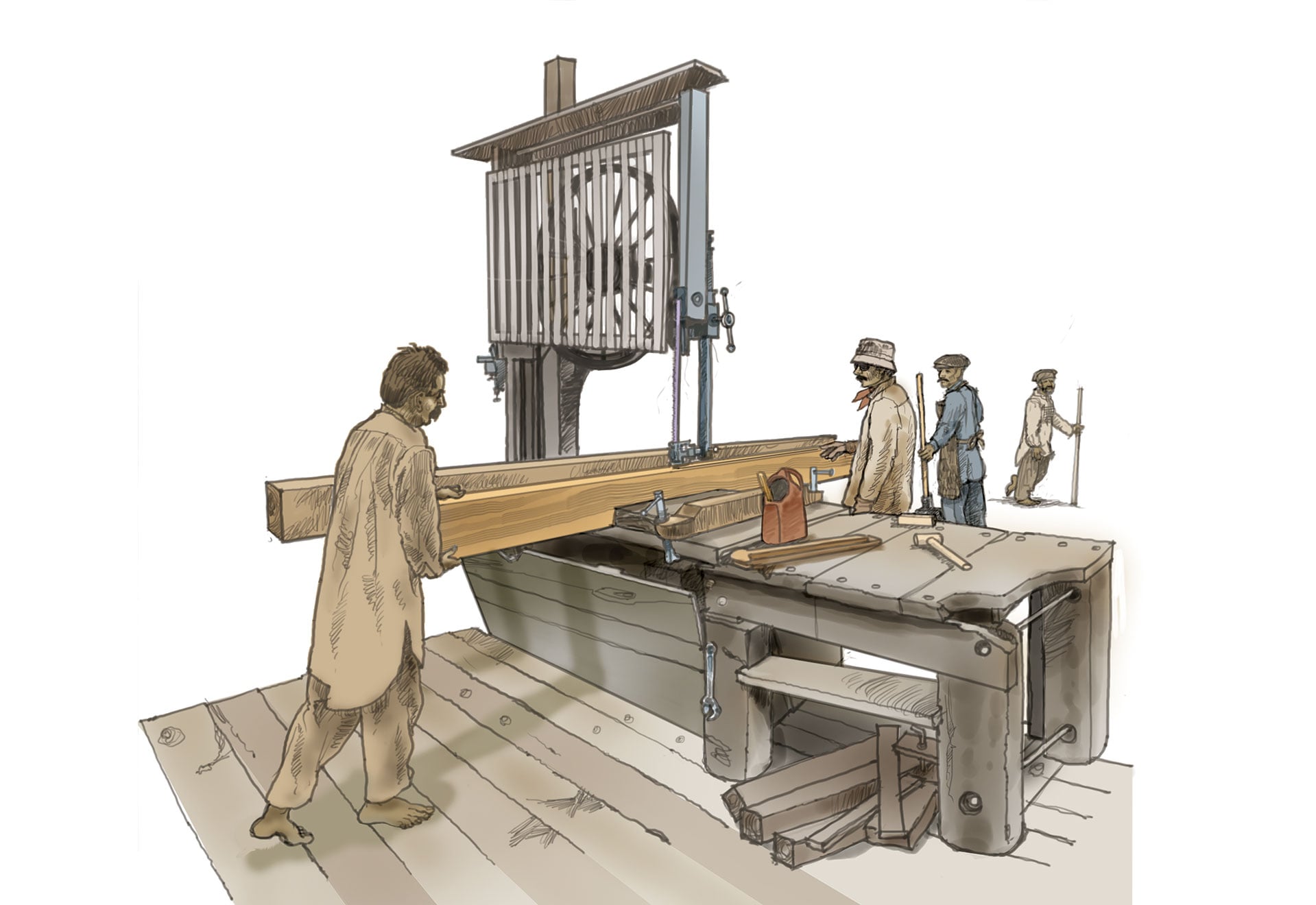 Workers using a bandsaw in India in an illustration.