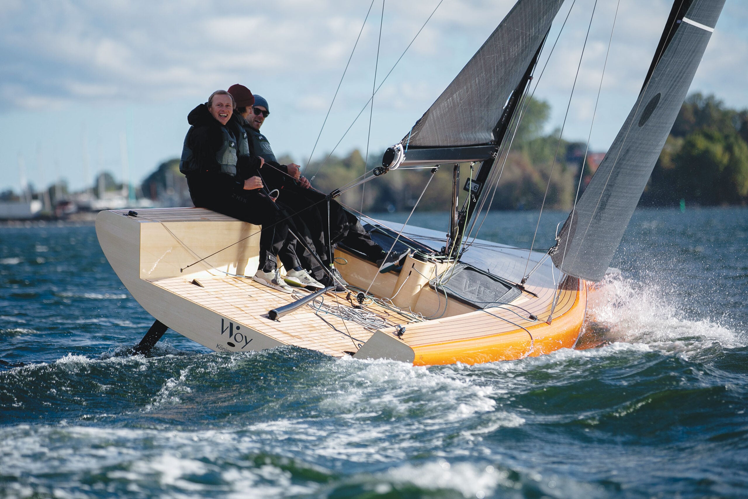 A sleek racing yacht sails for the first time.