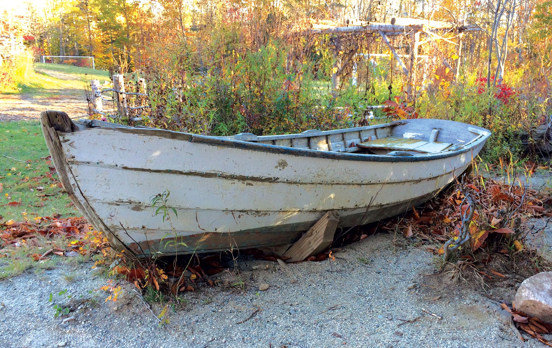 An old worn dory stands in a back lot. 