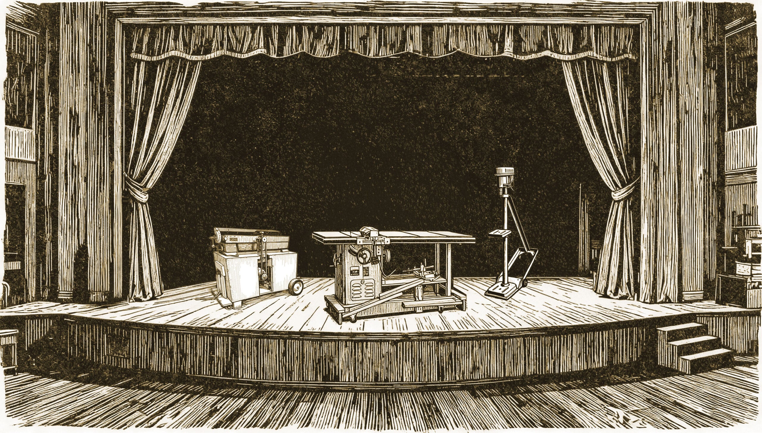 Three power tools on a stage set.