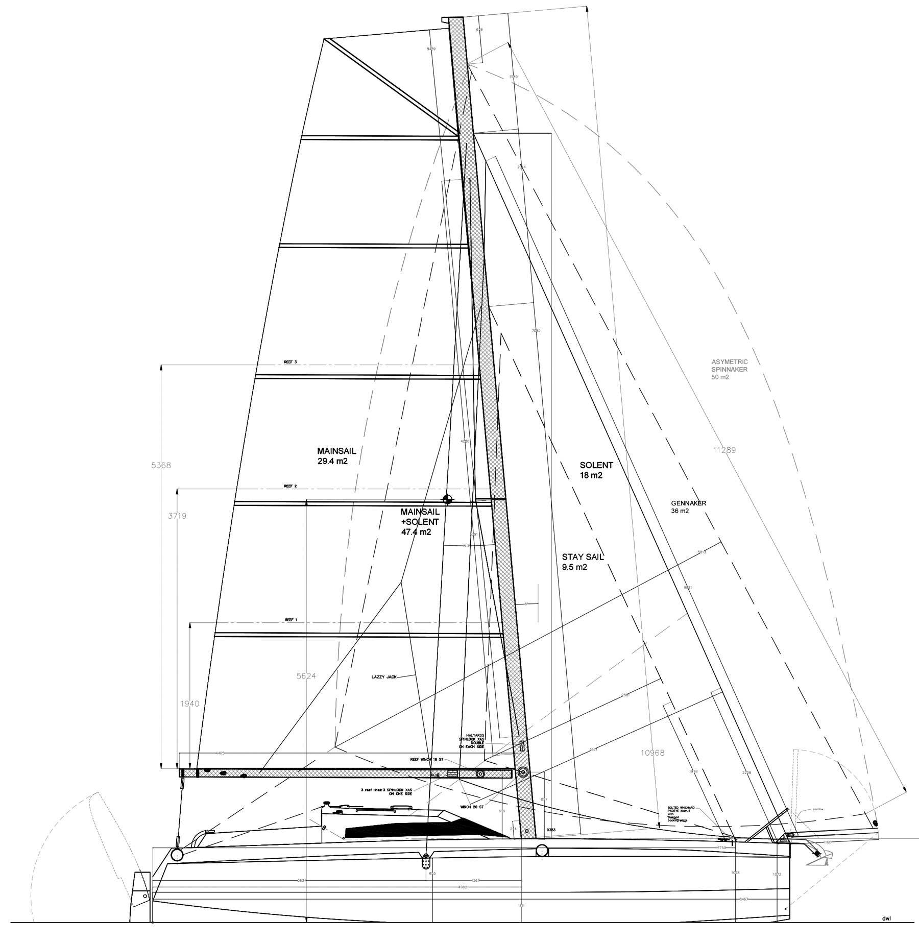 The Divinite’s sail-area-to-displacement ratio at half-load is 34.2.