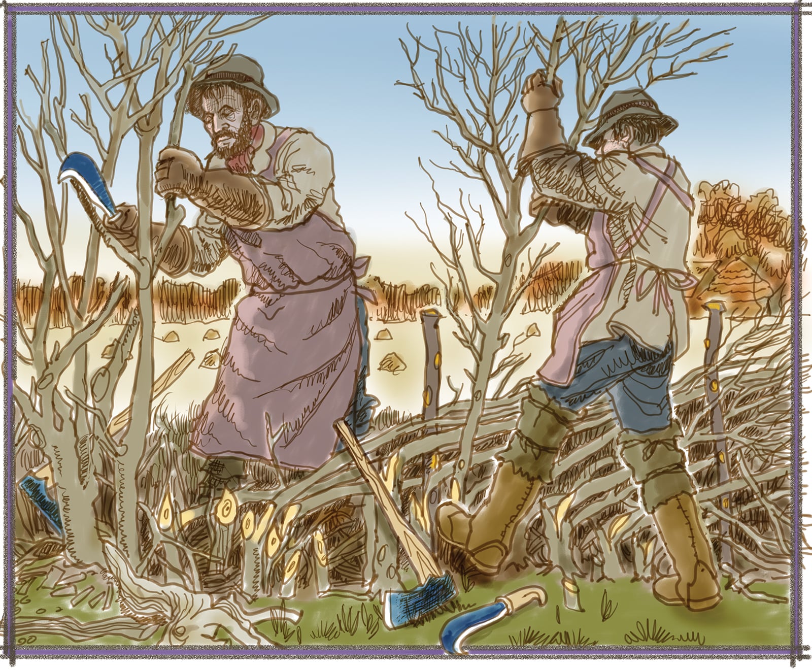 The hedgerow is an ancient pasturing pattern still worked by shepherds and farmers.