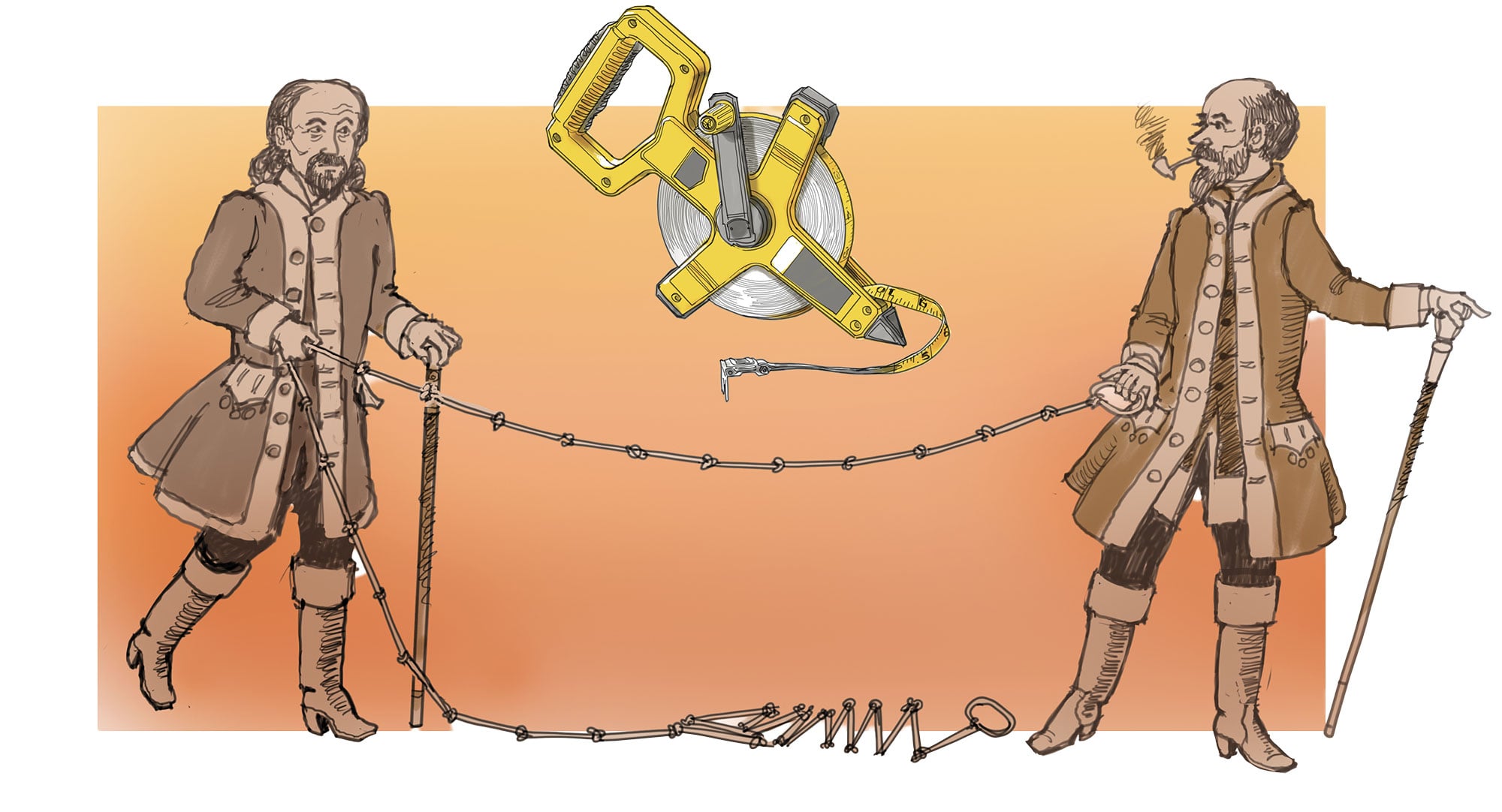 Two illustrated men using a measuring chain.