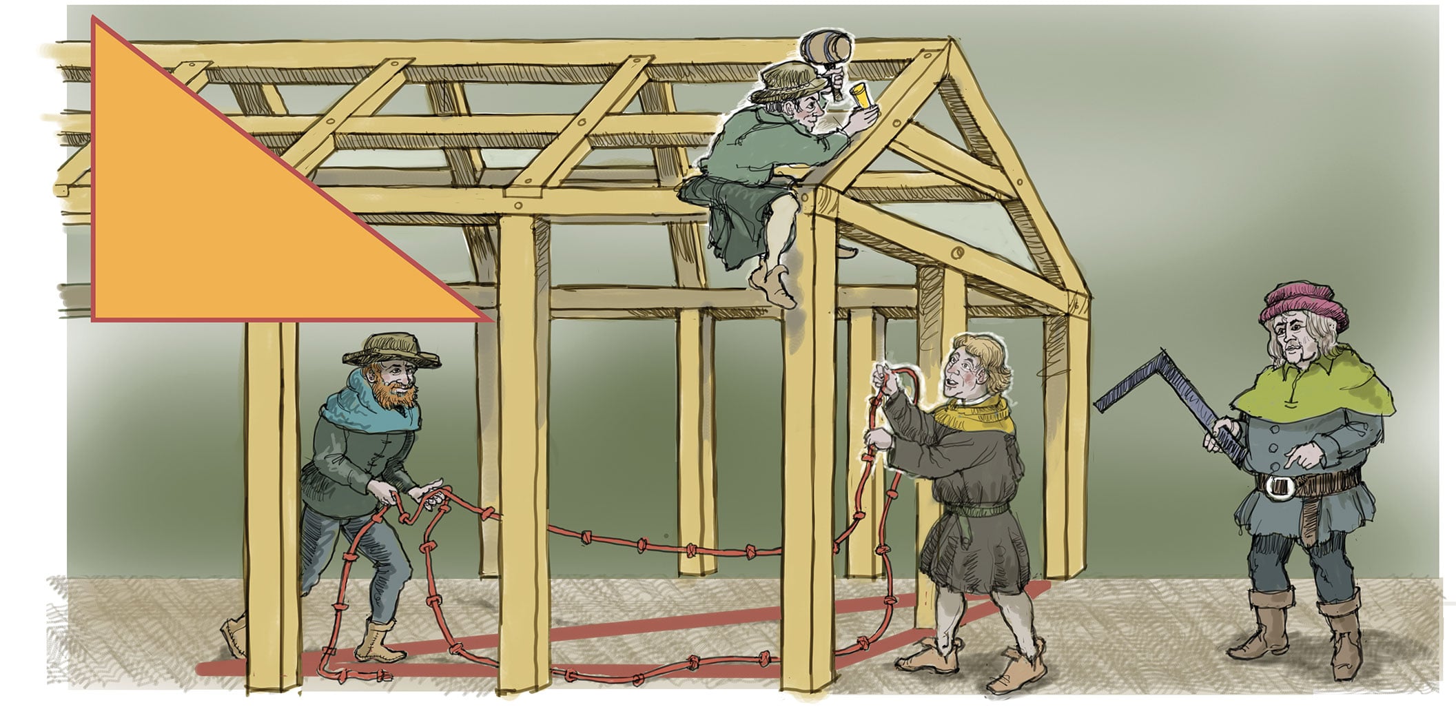 Illustration of four builders assembling the wooden frame of a building.