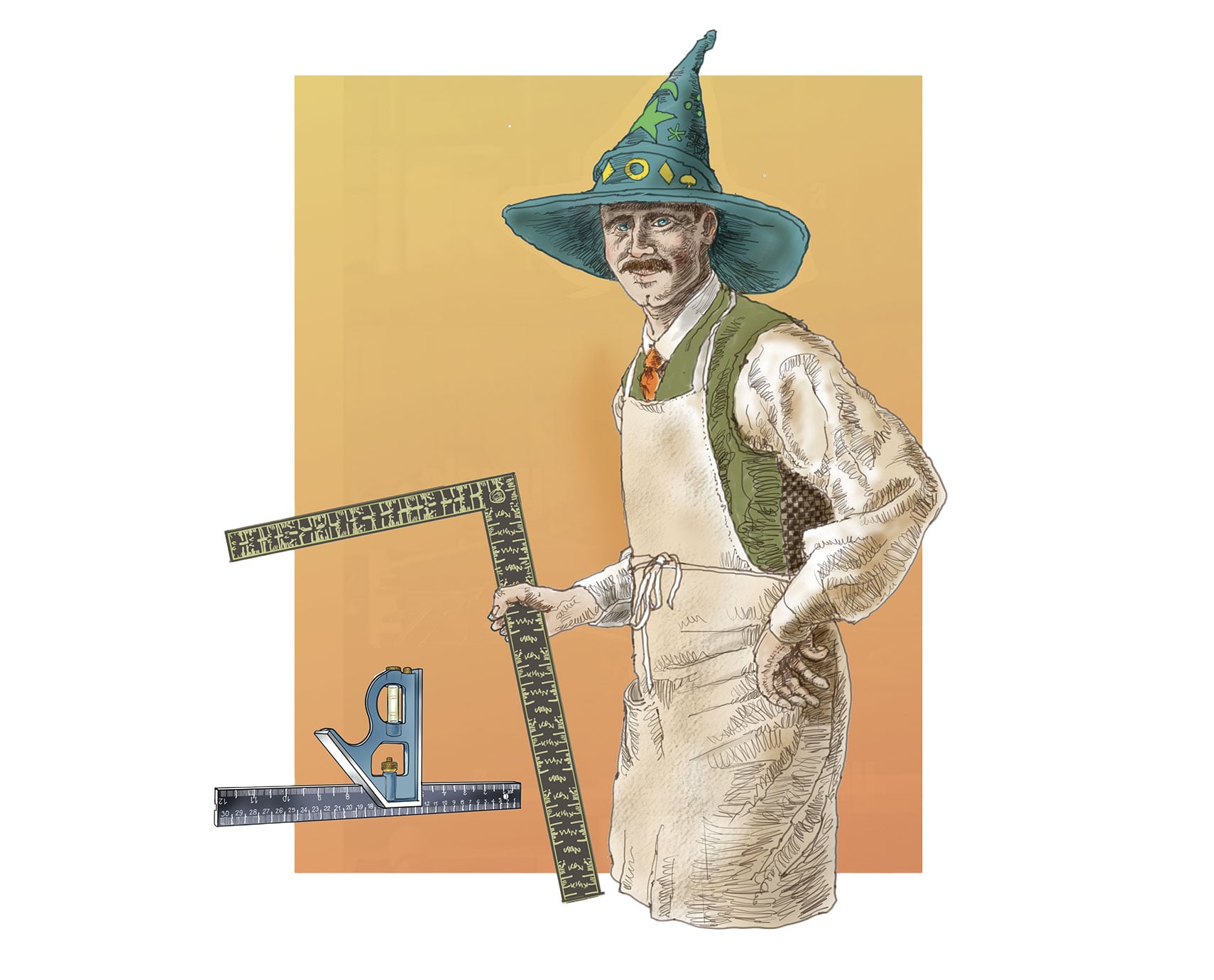 Man in a shop apron wearing a wizard's hat holding a square.