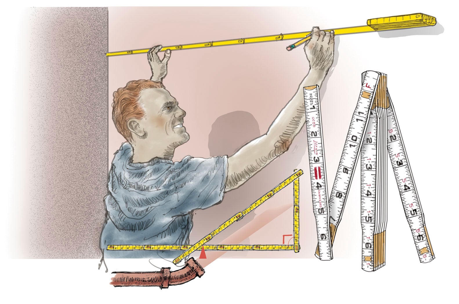 Man illustrated holding a folding ruler to a wall and making a mark with a pencil.