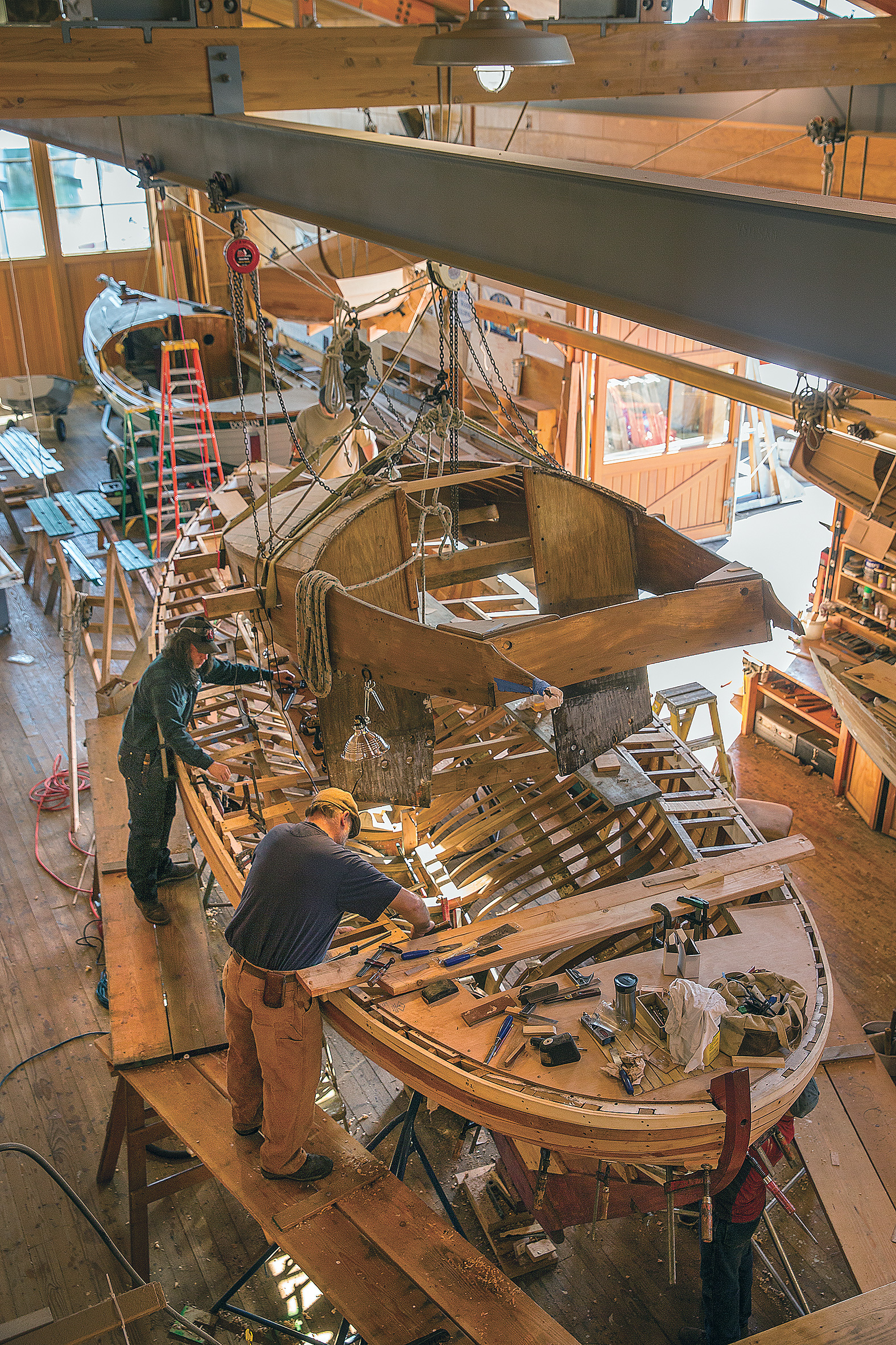 She was reframed with laminated oak frames in place of sawn ones, and all of her intermediate steam-bent oak frames were replaced.