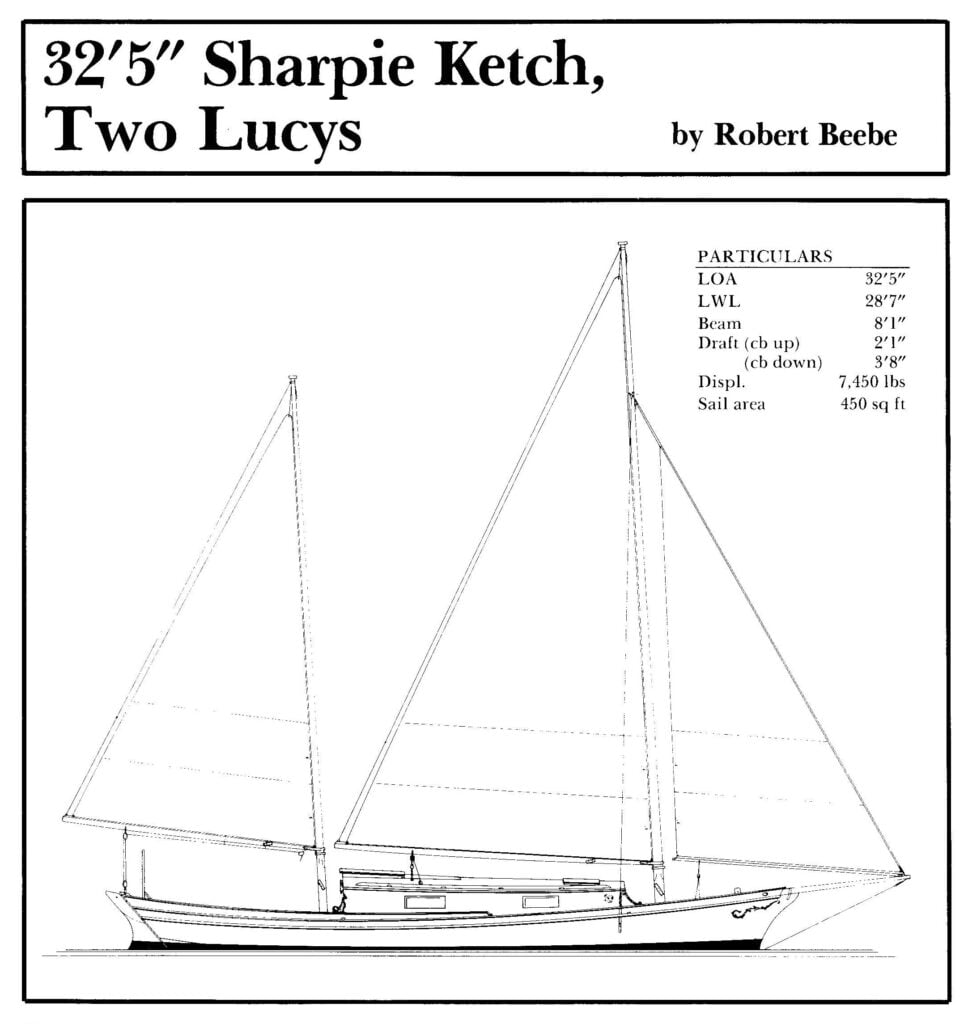 Sharpie Ketch boat drawing and particulars.
